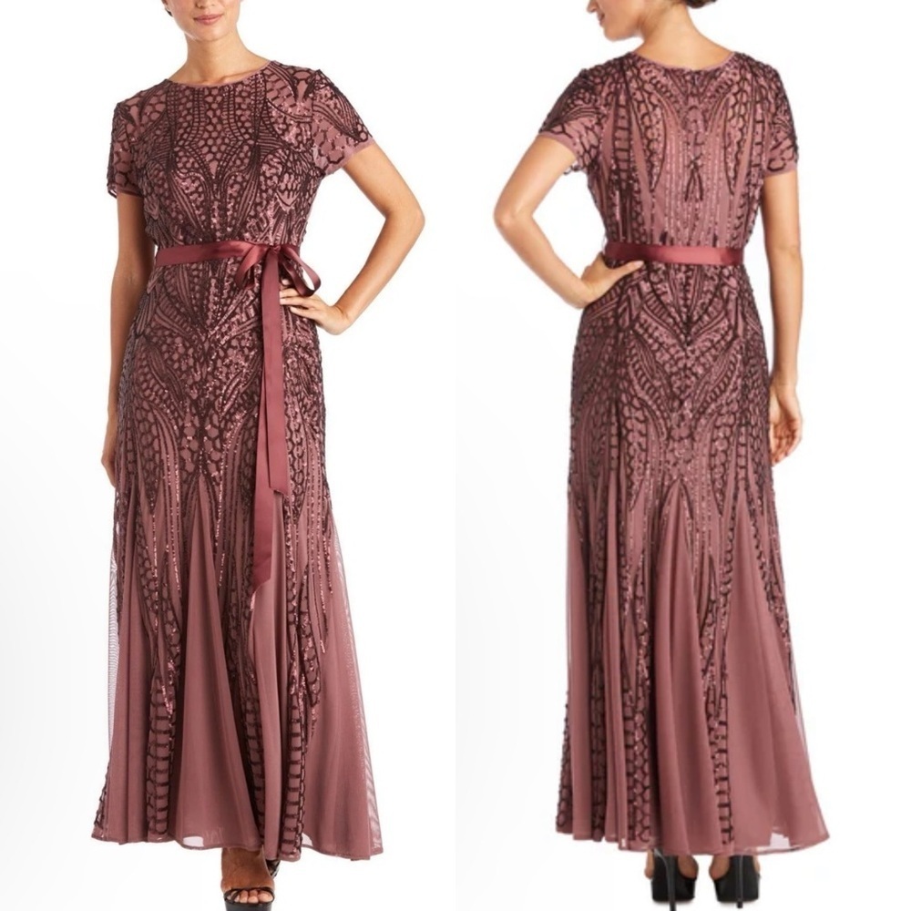 R&M Richards Short Sleeve Sequin Evening Dress Size 6 Mauve